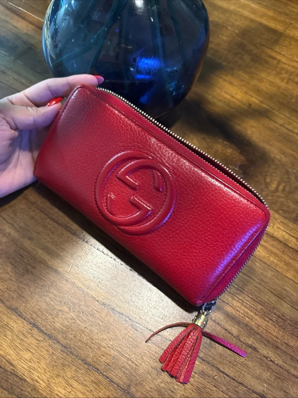 Gucci Red Pebbled Leather Tassel Zip Around Wallet